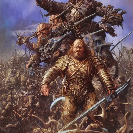 Image similar to art by donato giancola and bayard wu and gustav moreau and wayne barlowe, a fantasy cinematic shot of a dwarf berserker, fighting a horde of rats, warhammer, dnd, fighting monsters,