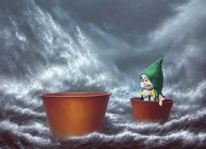 Image similar to a terrified garden gnome sailing in a bucket, background of raging ocean on a stormy day with dramatic clouds, an ultrafine detailed painting by mark ryden, trending on deviantart, pop surrealism, whimsical, lowbrow, rainy, perfect symmetrical face