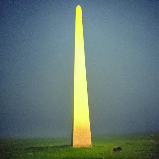 Image similar to magical glowing obelisk standing on a plain in the moonshine at night. foggy. eerie.