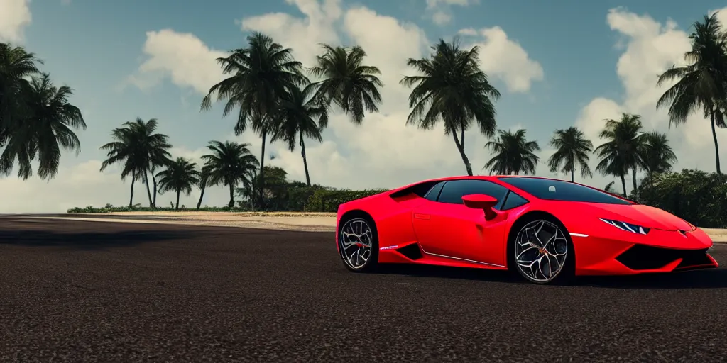 Image similar to red Lamborghini huracan!, unreal engine 5!, hyperrealistic!, cinema 4D!, dynamic lighting! Beach! Tropical paradise!, cinematic landscape!, studio landscape! Amazing ultra quality! Substance painter!