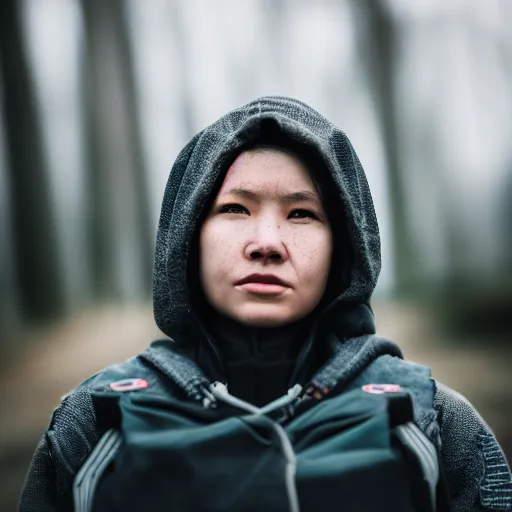 Image similar to photographic portrait of a poor techwear woman, closeup, sigma 85mm f/1.4, 4k, depth of field, high resolution, 4k, 8k, hd, full color