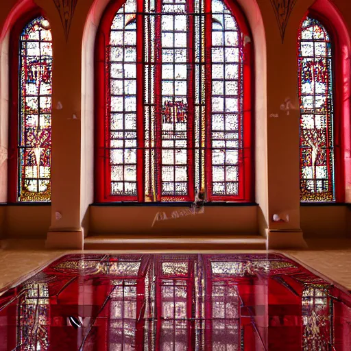 Prompt: the sun shines through red stained glass windows and casts a beautiful red reflection on the white marble floor below, i see the ornate pattern of the windows outlined by the red light on the white marble floor