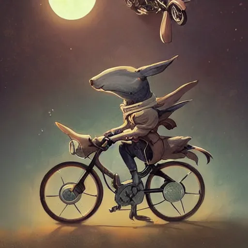 Image similar to bunny wearing a leather jacket riding a motorbike on a highway during sakura season on a blood moon, by peter mohrbacher, james jean, wlop, greg rutkowski, detailed - face!!!, rule of thirds, dynamic pose, action pose, beautiful landscape