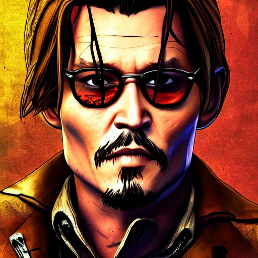 Image similar to johnny depp portrait, borderlands, tales from the borderlands, the wolf among us, comic, cinematic lighting, studio quality, 8 k