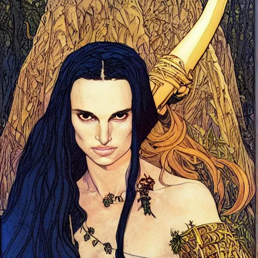 Image similar to a realistic, very beautiful and atmospheric portrait of a young natalie portman as a druidic warrior wizard looking at the camera with an intelligent but seductive gaze by rebecca guay, michael kaluta, charles vess and jean moebius giraud