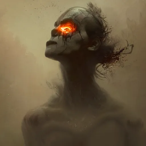 Image similar to a beautiful terrifying monster of ash and smoke, eyes and mouth glowing like burning embers. ethereal horror fantasy art by greg rutkowski