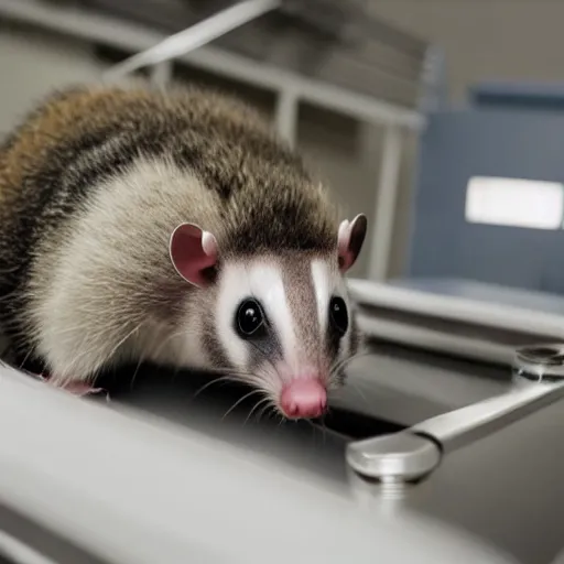 Prompt: anthropomorphic opossum laying dead on a coroner's table in a morgue, bright florescent lighting, scientific and medical equipment in the background, movie still, 4k