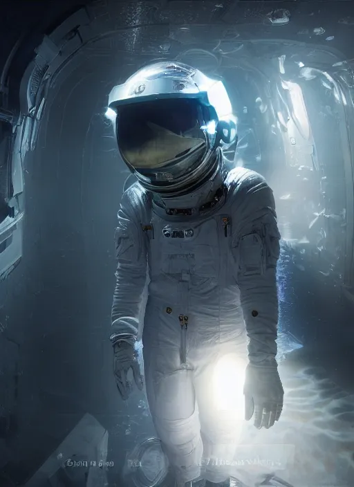 Image similar to concept art by craig mullins astronaut in futuristic dark and empty spaceship underwater. infrared glowing lights. complex and hyperdetailed technical suit. reflection and dispersion materials. rays and dispersion of light. volumetric light. 5 0 mm, f / 3 2. noise film photo. flash photography. unreal engine 4, octane render. interstellar movie art