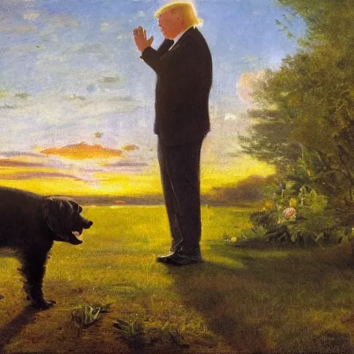 Prompt: a dog at sunset vomiting on Donald Trump, in a garden by Peder Krøyer, golden hour