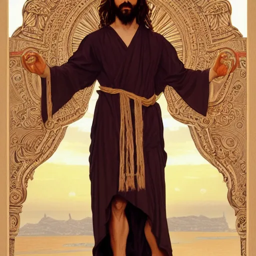 Image similar to a ridiculously good looking jesus that looks like a jewish gigachad, long curly hair, elegant ancient greek dress, very detailed, coast as the background, beautiful, intricate, cinematic, artstation, william bouguereau, alphonse mucha, greg rutkowski, rossdraws, octane render