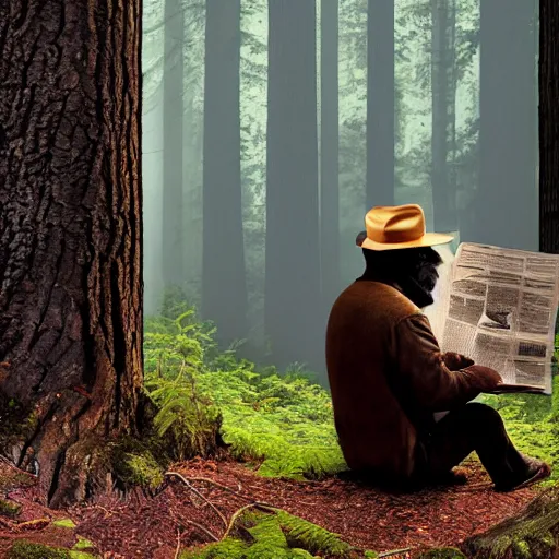 Image similar to UHD candid photo of Smokey The Bear in the woods, sitting over a well reading newspaper, by Annie leibowitz, photorealisitc, extremely detailed