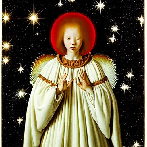 Prompt: highdetailed hyperrealistic of white angel in the hood!!! giant ball of miracle light from the chest!!!!!, white sparkles everywhere, lot of fire and stars overhead!!!, by jan van eyck, holography space, glow effect, large strokes, clean lines, white mono color, oil painting