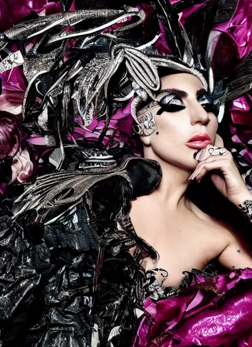 Image similar to lady gaga styled by nick knight posing, photohoot, set pieces, intricate set, vogue magazine, canon, highly realistic. high resolution. highly detailed. dramatic. 8 k. 4 k.