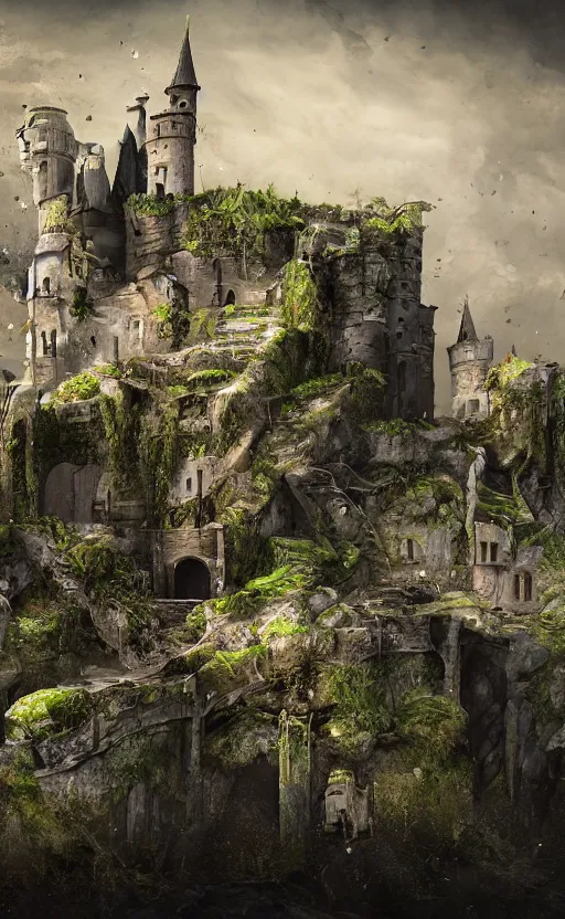 Image similar to a abandoned castle on the edge of a high cliff, 8 k, shallow depth of field, intricate detail, concept art,