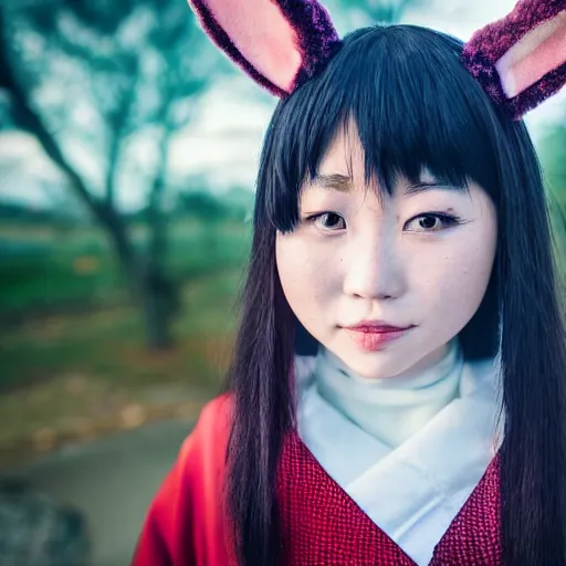 Image similar to a girl with a cute asian face in a rabbit outfit with a samurai mez stands in a low combat stock, depth of field, fantasy and cyberpunk stylization, focus on the foreground, 8 5 mm, f 1 6