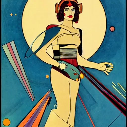 Image similar to Art by Coles Phillips, Eva Green as Space Commander Zeta from the Year 3000, Mucha, Kandinsky,