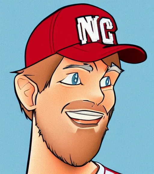 Image similar to tall white guy with a short blonde beard wearing an nc state red baseball cap and red shirt full color digital illustration in the style of don bluth, artgerm, artstation trending, 4 k