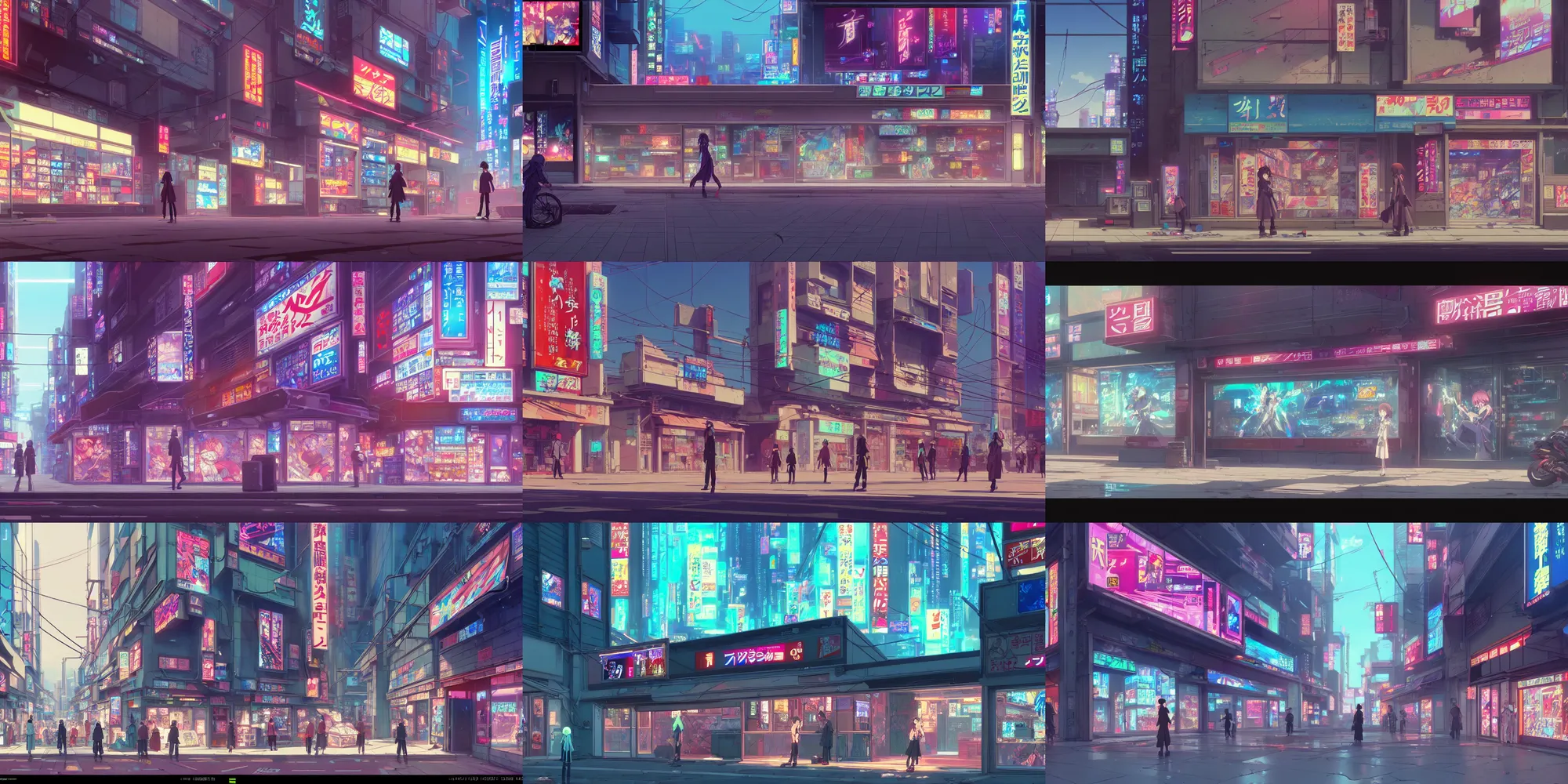 Prompt: a ( ( cyberpunk ) ) shopfront facade with ( ( advertisements ) ), in a high definition screenshot from the anime anime film, digital painting by ( makoto shinkai ), moebius moebius, surrealism, trending on artstation