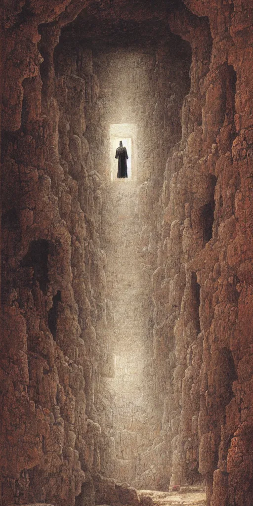 Image similar to an explorer standing in an ancient city inside a cave, by Beksinski and Lauire Lipton