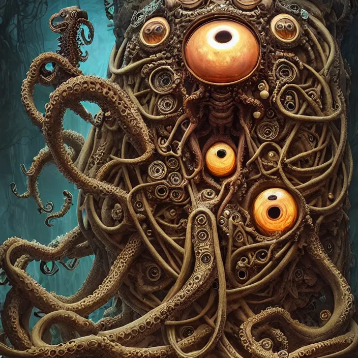 Image similar to biomechanical creature with big octopus head and ( glowing ) eyes guarding an ancient chest in a mystic swamp, gothic and baroque, brutalist architecture, ultradetailed, intricate by ellen jewett and josan gonzalez and giuseppe arcimboldo