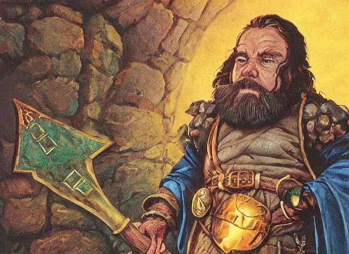 Prompt: a dwarf sorcerer holding a pickaxe and a large jewel. his eyes are glowing. high fantasy art ( 1 9 8 7 )