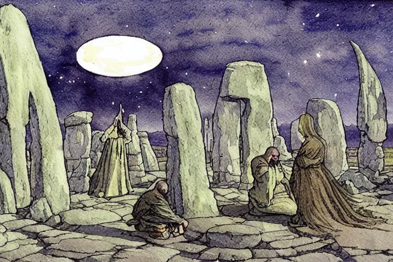 Image similar to a realistic and atmospheric watercolour fantasy concept art of a ufo landing in a floating stonehenge. medieval monk in grey robes is on his knees praying. a large crescent moon in the sky. muted colors. by rebecca guay, michael kaluta, charles vess and jean moebius giraud