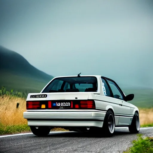 Image similar to a rear shot of a modified bmw e 3 0 with lights on a mountain road, motion blur, 3 5 mm photography, car photography, clean lines, realistic