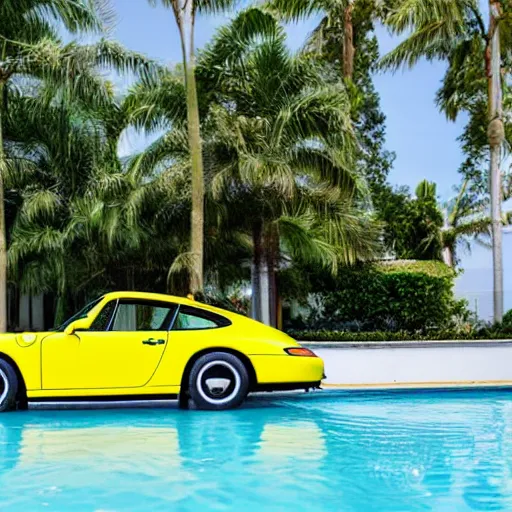 Image similar to a yellow porsche 9 1 1 in a palm beach swimming pool