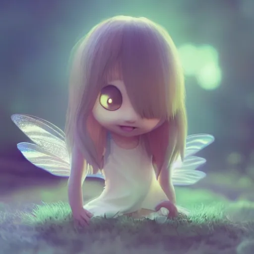 Image similar to a tiny cute fairy praying, realistic beautiful face, large eyes, cute, adorable, volumetric light, octane render, studio ghibli, trending on artstation