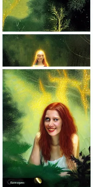 Image similar to young woman, smiling, amazed by golden fireflies lights, sitting in the midst of nature fully covered, long loose red hair, intricate linework, green eyes, small nose with freckles, oval shape face, realistic, expressive emotions, dramatic lights, spiritual scene, hyper realistic ultrafine art by cecco del caravaggio and albert bierstadt and artgerm