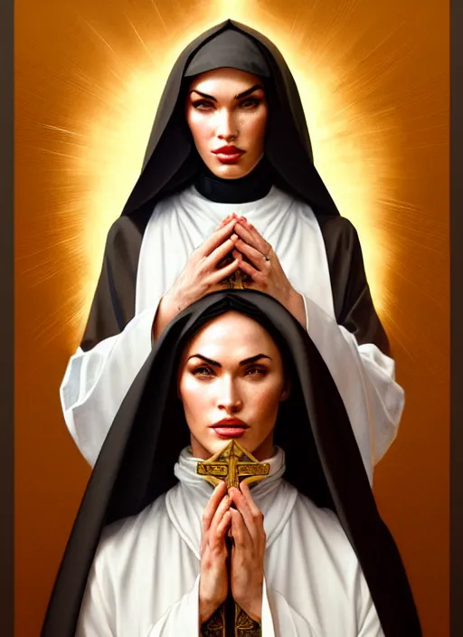 Image similar to portrait of megan fox as nun, bible, catholic, religion, cross, praying, intricate, headshot, highly detailed, digital painting, artstation, concept art, sharp focus, cinematic lighting, illustration, art by artgerm and greg rutkowski, alphonse mucha, cgsociety