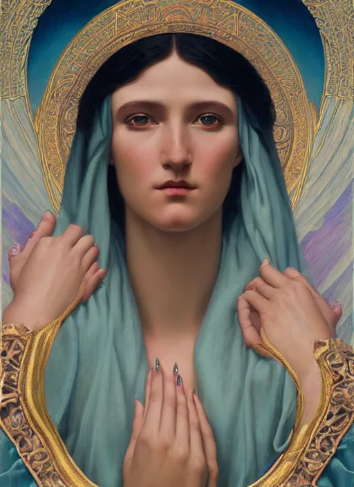 Image similar to beautiful cult magic psychic woman, oil painting, robe, symmetrical face, greek dark myth, by John William Godward and Anna Dittman, masterpiece