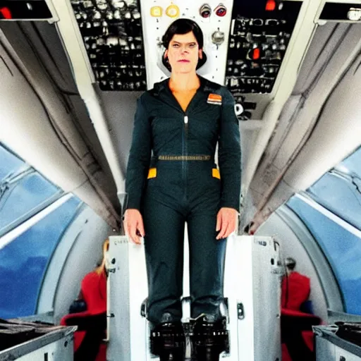 Image similar to photo of neve campbell dressed as a pilot on the flight deck of an airliner, 4 k, highly detailed.