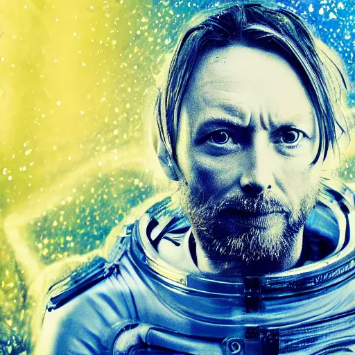 Image similar to thom yorke singer songwriter in a spacesuit filling up with water, a computer rendering by mikolas ales, unsplash, video art, anamorphic lens flare, 8 k 3 d, datamosh, beautiful blue eyes, eyes reflecting into eyes reflecting into infinity, eyes reflecting into eyes reflecting into infinity
