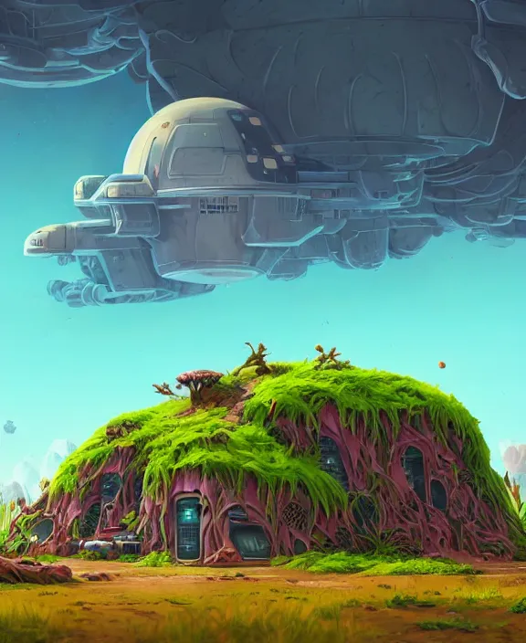 Image similar to a simple bunker made out of exotic fungus, overgrown with weird fungus and slime, spaceship, sci - fi, robots, noon, sun drenched, partly cloudy, by dan mumford, yusuke murata, makoto shinkai, ross tran, cinematic, unreal engine, cel shaded, featured on artstation, pixiv