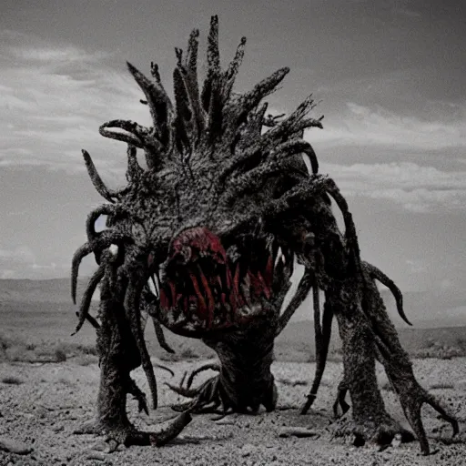 Prompt: in the desert a bloody horrifying The Thing monster , mid day, 35mm photography, realistic,