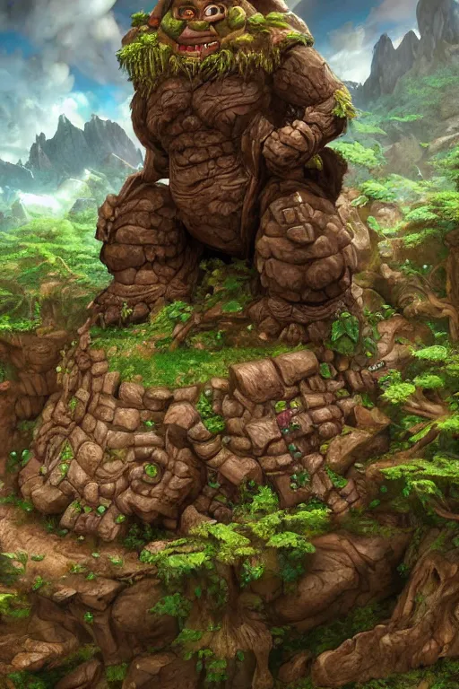 Image similar to zelda fantasy art giant golem troll wood rock greeble gemstone, global illumination ray tracing hdr fanart arstation by sung choi and eric pfeiffer and gabriel garza and casper konefal