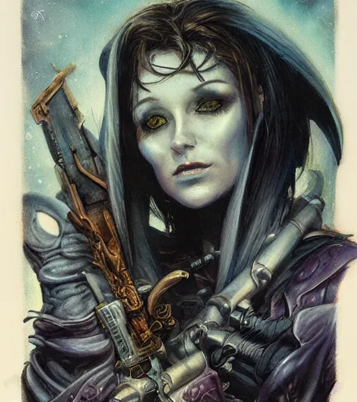 Image similar to portrait of female space pirate, night sky background, beautiful! coherent! by brom, by brian froud, deep color, strong line, high contrast