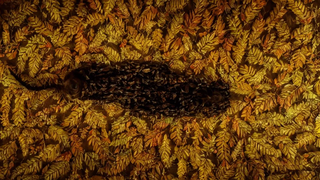 Image similar to the strange creature on the ceiling, made of and leaves and wax, film still from the movie directed by Denis Villeneuve with art direction by Salvador Dalí, wide lens