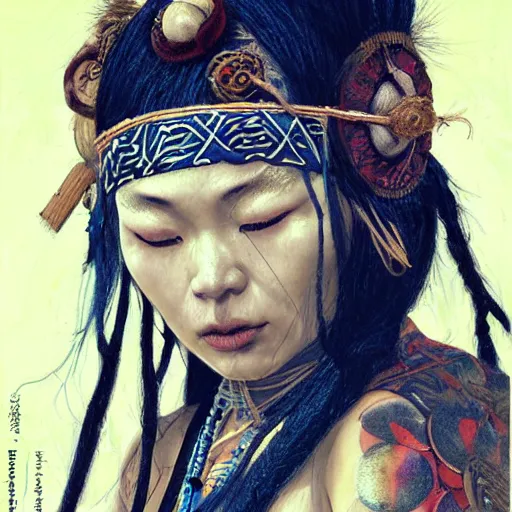 Image similar to A young blindfolded shaman japanese woman with a decorated headband performing a pagan ritual, in the style of heilung, blue hair dreadlocks and wood on her head, tribal piercing and tatoos , atmospheric lighting, intricate detail, cgsociety, ambient light, dynamic lighting, art by karol bak