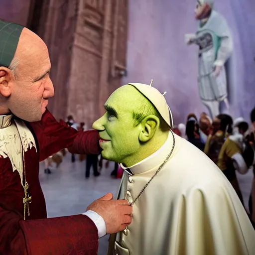 Image similar to shrek kisses the pope's hand. photojournalism, wide angle lens, extremely detailed face, new york times cover, studio lighting