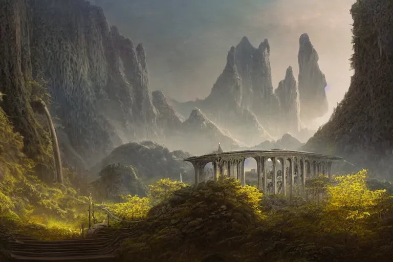 Prompt: Rivendell Himeji hallucination, mazing concept painting, by Jessica Rossier A gleaming white opera hall fortress overlooks a fertile valley, brutalist deak ferrand Jean-pierre Ugarte bases, garden of eden, by HR giger by Beksinski,