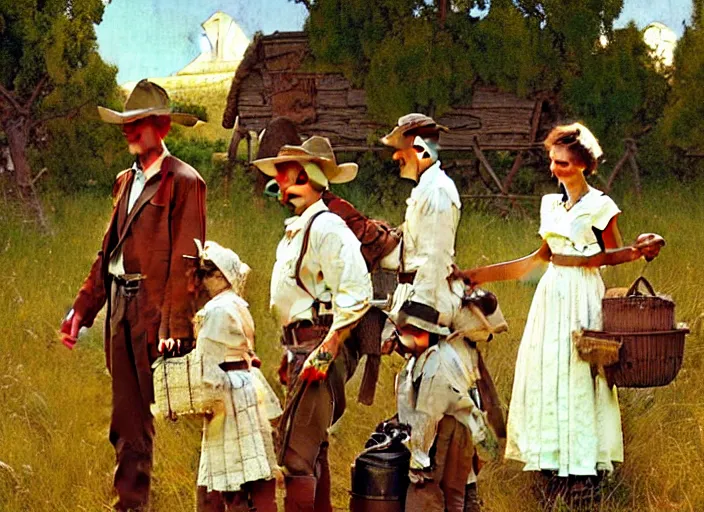 Image similar to mormon pioneers by norman rockwell, highly detailed