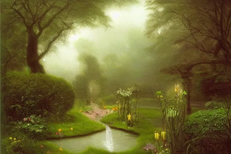 Image similar to secret garden, lush, floral, botanical, romanticism, dreamy, dark, moody, hudson river school