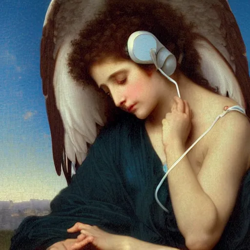 Image similar to an oil painting of an angel with headphones listening to vaporwave, by Bouguereau, highly detailed and intricate,