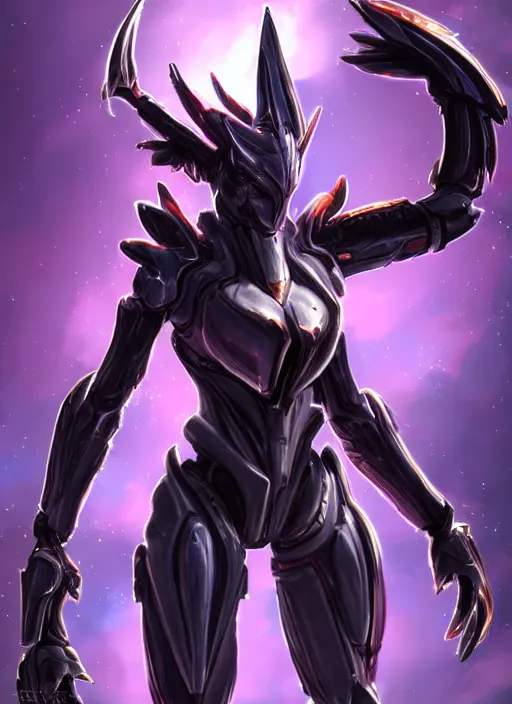 Image similar to cinematic body shot, cosmic beautiful stunning giant robot mecha hot female dragon goddess, sharp sleek cyborg dragon head, sharp metal ears, smooth purple eyes, smooth fuschia skin, smooth silver armor, nebula size, epic proportions, epic scale, macro furry, furry art, dragon art, goddess art, giantess art, warframe, warframe fanart, furaffinity, octane