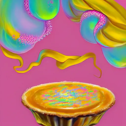 Image similar to banana creme brulee , a pastel by Lisa Frank, trending on cgsociety, rasquache, biomorphic, trypophobia, lovecraftian