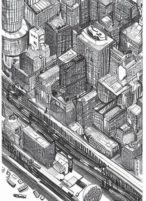 Image similar to a john sterling axonometric copic maker illustration by madelon vriesendorp