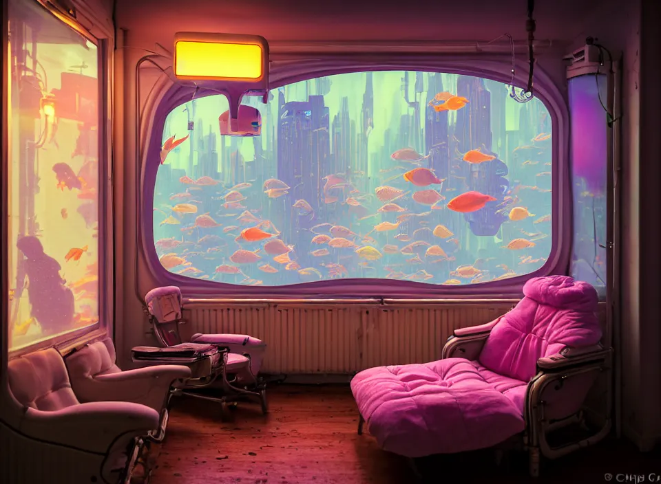 Image similar to telephoto 7 0 mm f / 2. 8 iso 2 0 0 photograph depicting the feeling of chrysalism in a cosy cluttered french sci - fi ( art nouveau ) cyberpunk apartment in a pastel dreamstate art cinema style. ( aquarium, computer screens, window ( city ), fish tank, lamp ( ( ( armchair ) ) ) ), ambient light.