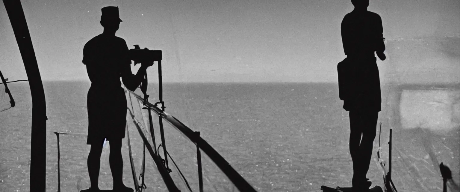 Image similar to detailed sharp photograph in the style of popular science circa 1 9 5 5 and gregory crewdson of a sailor standing on the bridge of a ship look through binoculars